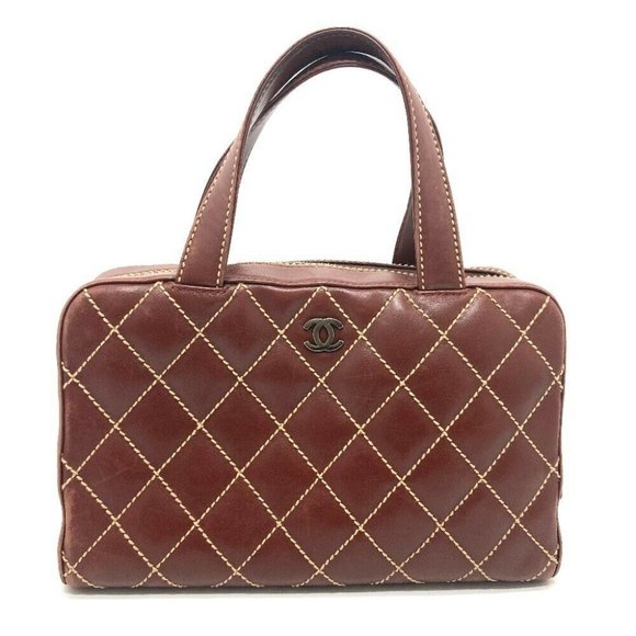 CHANEL, Bags, Authentic Chanel Cc Cc Mark Wild Stitch Mini Duffle Bag  Hand Bag Leather Brown